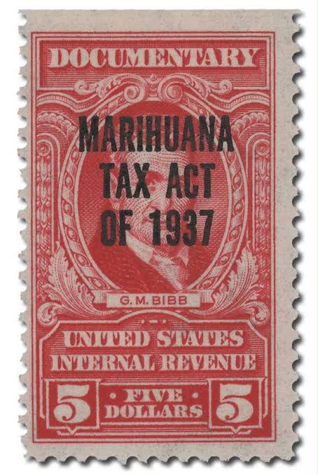 Archival image styled as a 1937 marihuana tax documentary stamp