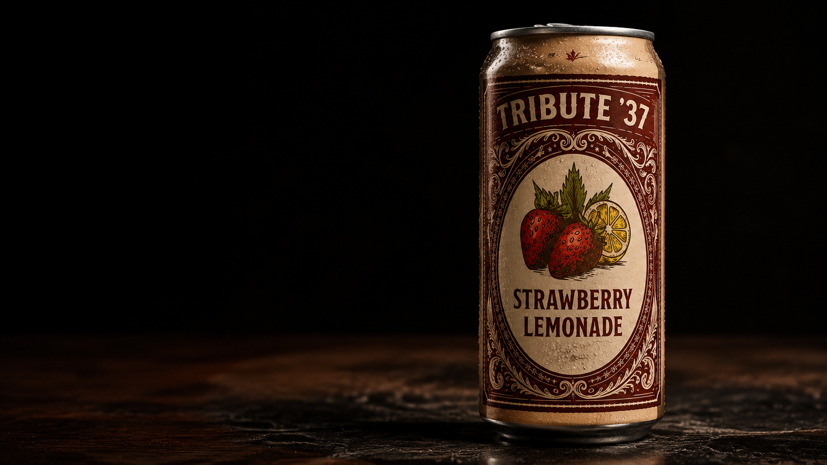 Tribute '37 Strawberry Lemonade can on a dark bar