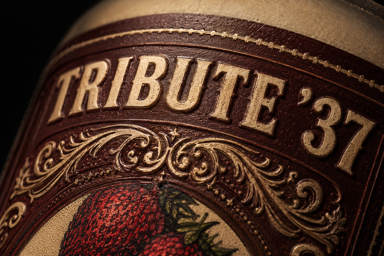 Close-up of Tribute '37 parchment, oxblood, and brass label details